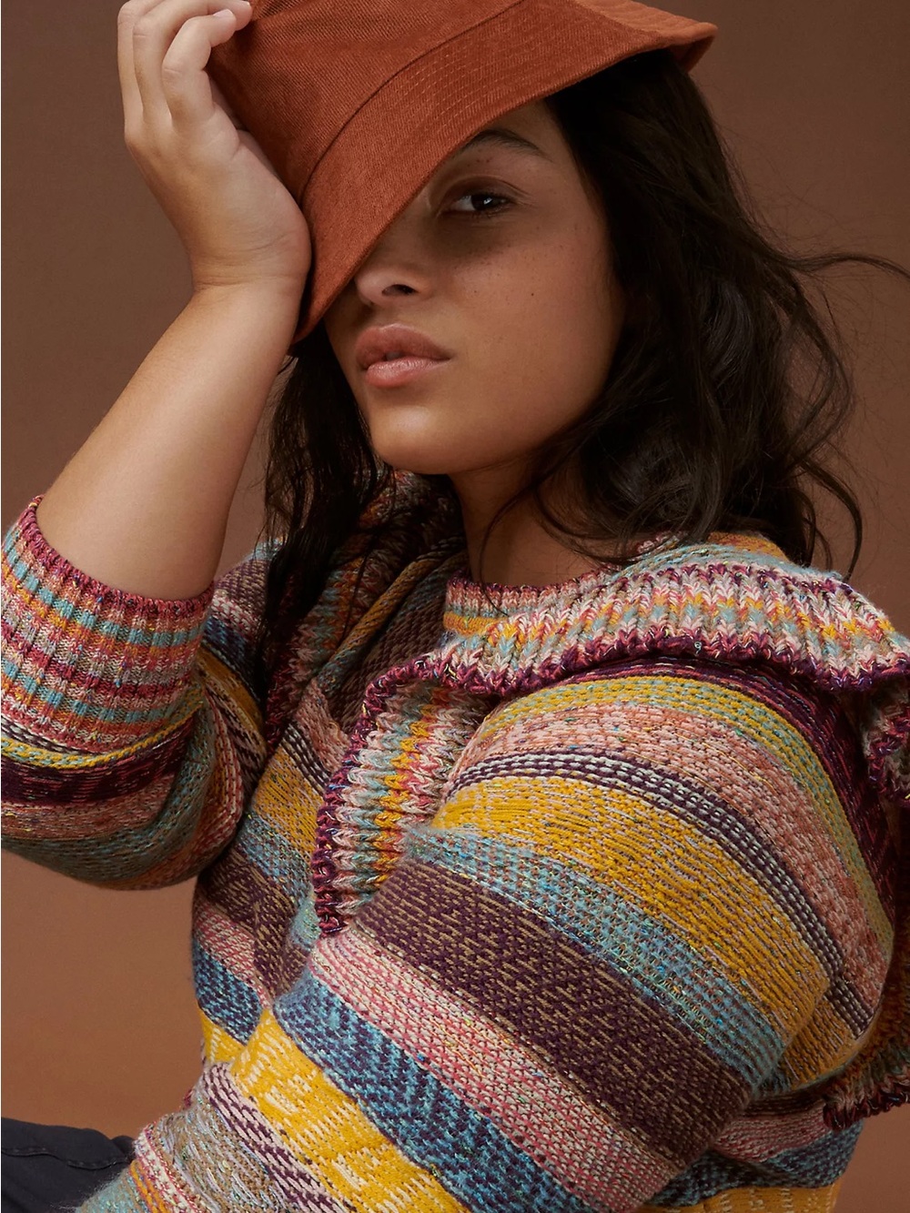 Pilcro Striped Ruffle-Shoulder Crewneck Sweater in Pink, Blue & Yellow 2X - Picture 7 of 11